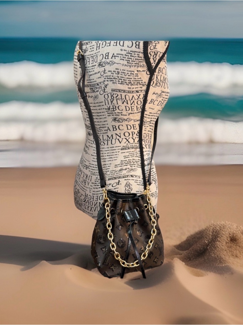 Monogram Drawstring Mini Bucket Bag with Gold‎ Chain - Brown